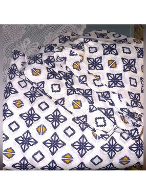 White Geometric Print Home Bedding Set with Navy and Yellow Accents